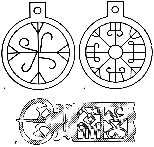 Таблица III. Сарматский (1) и боспорский (2) геральдические орнементы; сложный герб боспорского царя (Реметалка - ?) с сарматской геральдической эмблемой на поясной пряжке (3)