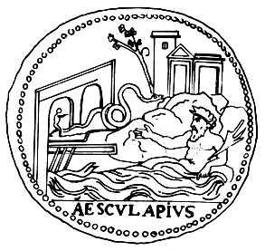 Медальон Антонина Пия с изображением мифологической сцены прибытия Асклепия в Рим