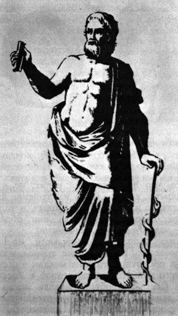 Античная скульптура, изображающая Асклепия с посохом и свитком