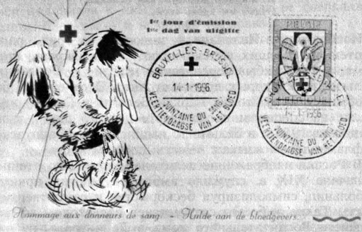 Изображение пеликана на конверте и открытке 'первого дня гашения'. Бельгия