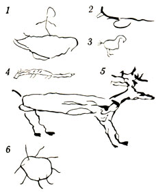 Знаки собственности, превратившиеся в отличительные сюжетные изображения: 1 - лодка с мужиком; 2-3 - птица; 4 - выдра; 5 - олень; 6 - солнце