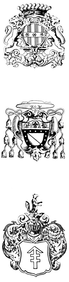 Типы западноевропейских родовых гербов: 1 - французский герб, увенчанный графской короной; 2 - итальянский - увенчанный шляпой епископа; 3 - польский - увенчан поверх шлема дворянской короной