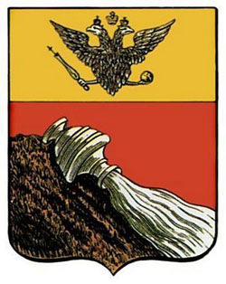 На этом гербе  города Воронежа было изображение разделенного надвое щита. В верхней части на золотом поле выступал двуглавый орел, а в нижней – опрокинутый кувшин на косогоре, из которого лилась вода по камням